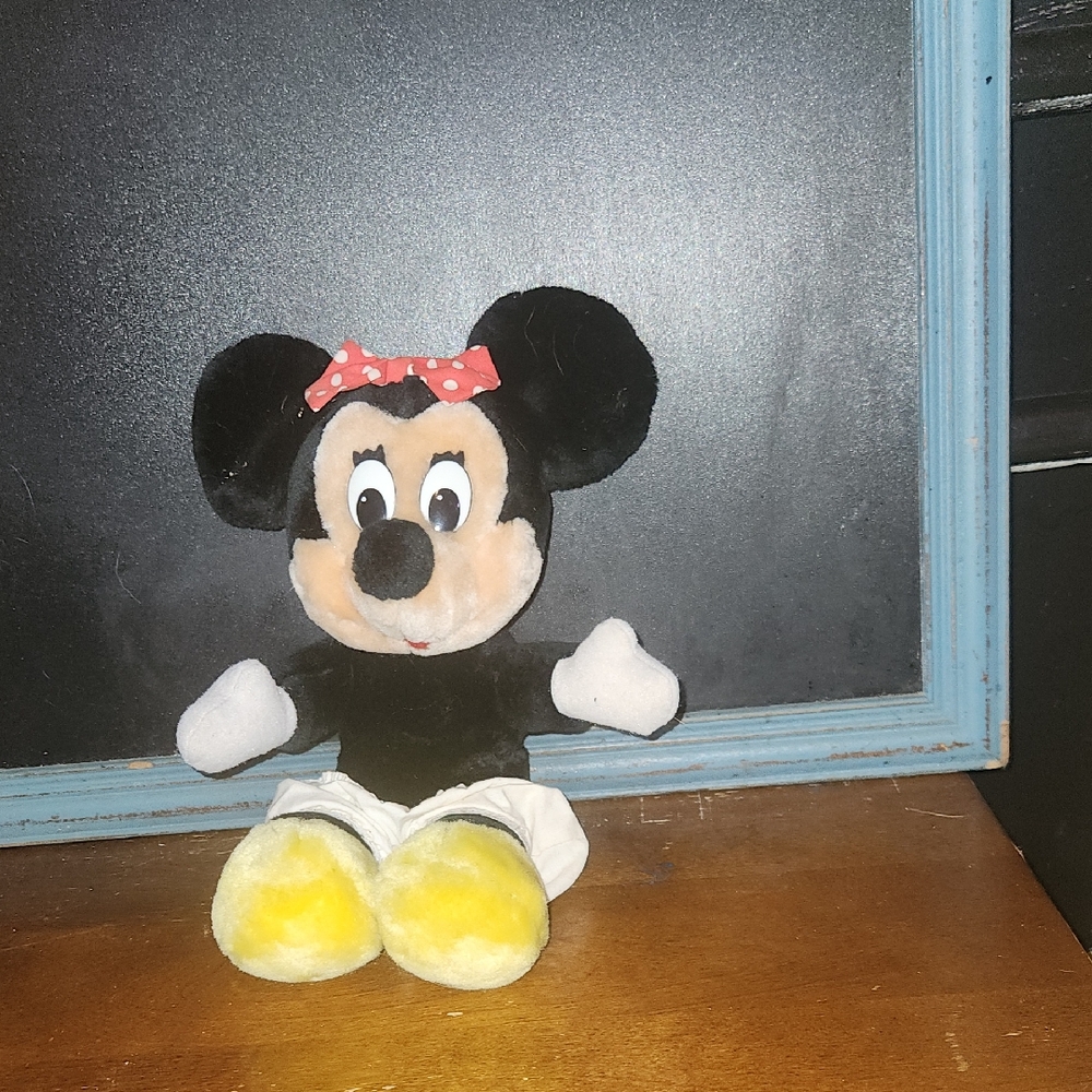 Vintage Disney Minnie Mouse Plush Red Polka Dot Bow Plastic Eyes Retro Stuffed